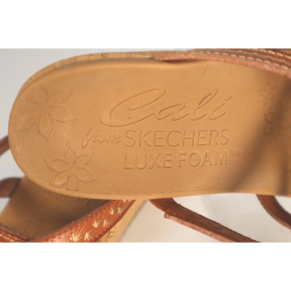 Skechers Cali Luxe Foam Wedge Sandals leather tangerine Size 7.5